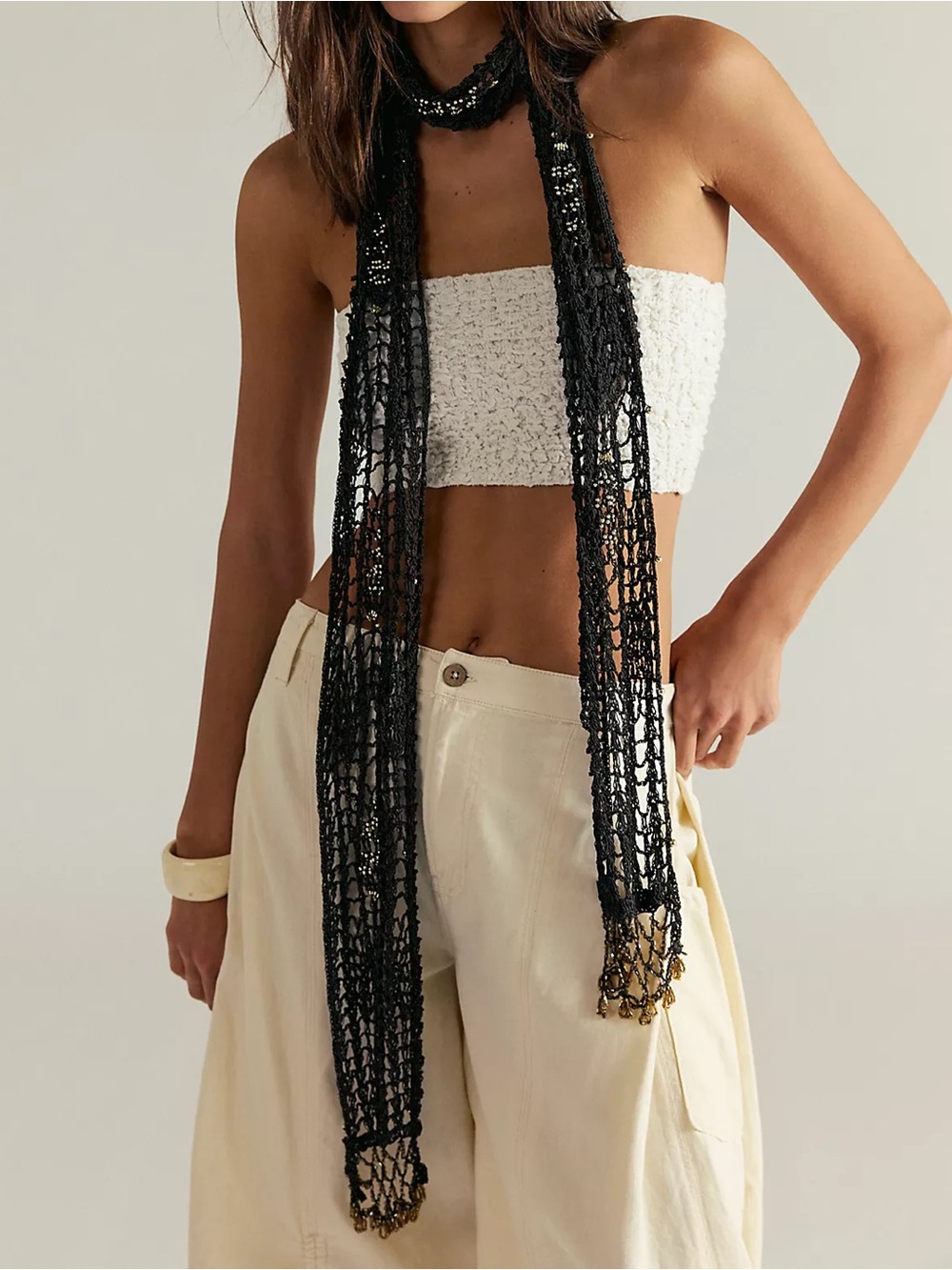 Free People Embellished Festival Scarf, Dark Brown Beaded Boho Skinny Scarf